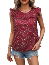 Ruffled Printed Round Neck Cap Sleeve Blouse