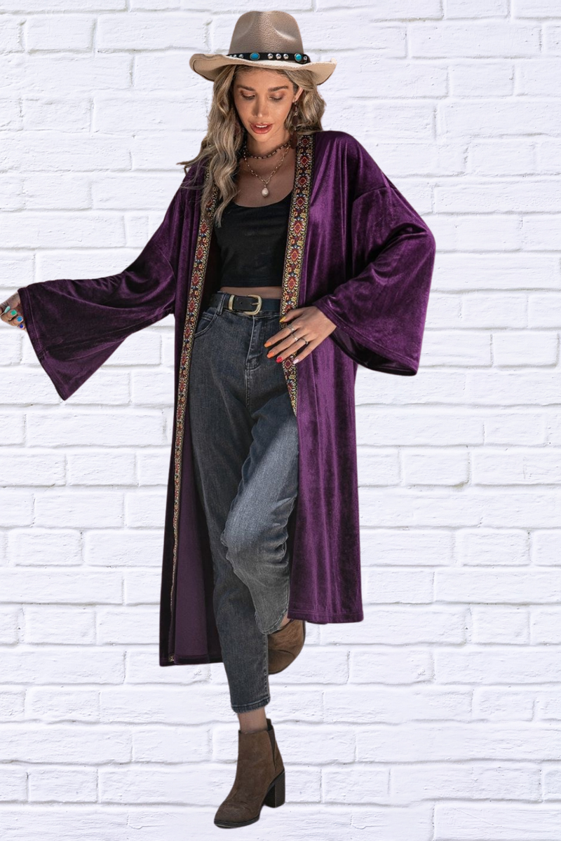 Plum Embroidered Open Front Long Sleeve Cardigan