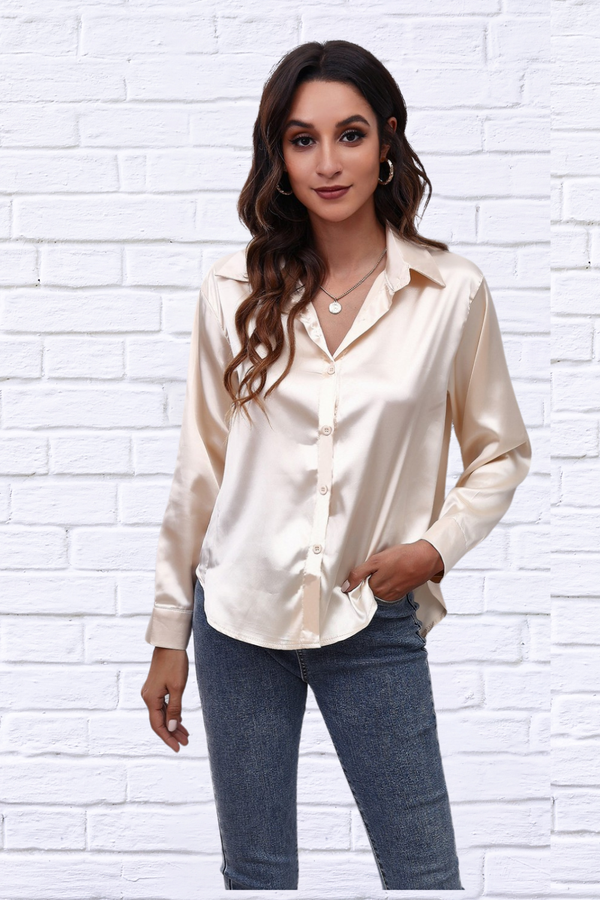 Button Up Collared Neck Long Sleeve Satin Shirt