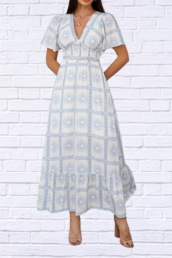 Smocked Printed V-Neck Short Sleeve Maxi Dress