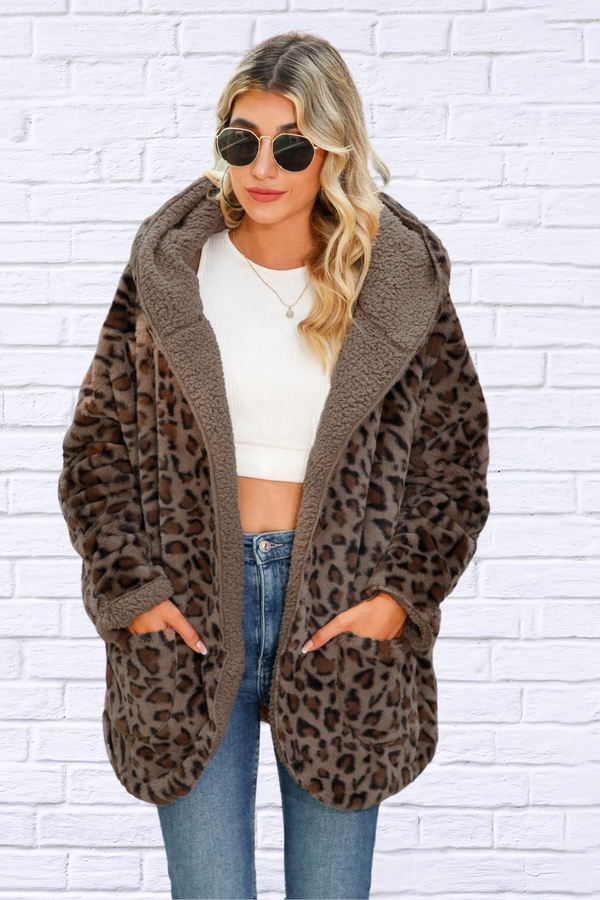 Leopard Hooded Coat with Pockets