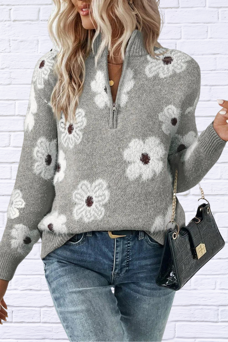 Flower Half Zip Long Sleeve Sweater