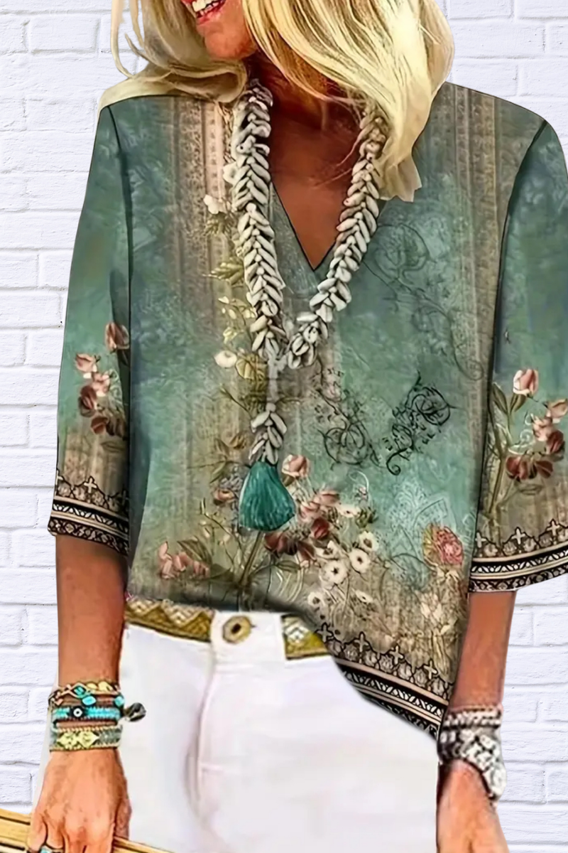 Vintage Charm: Green & Pastel Pink V-Neck Blouse