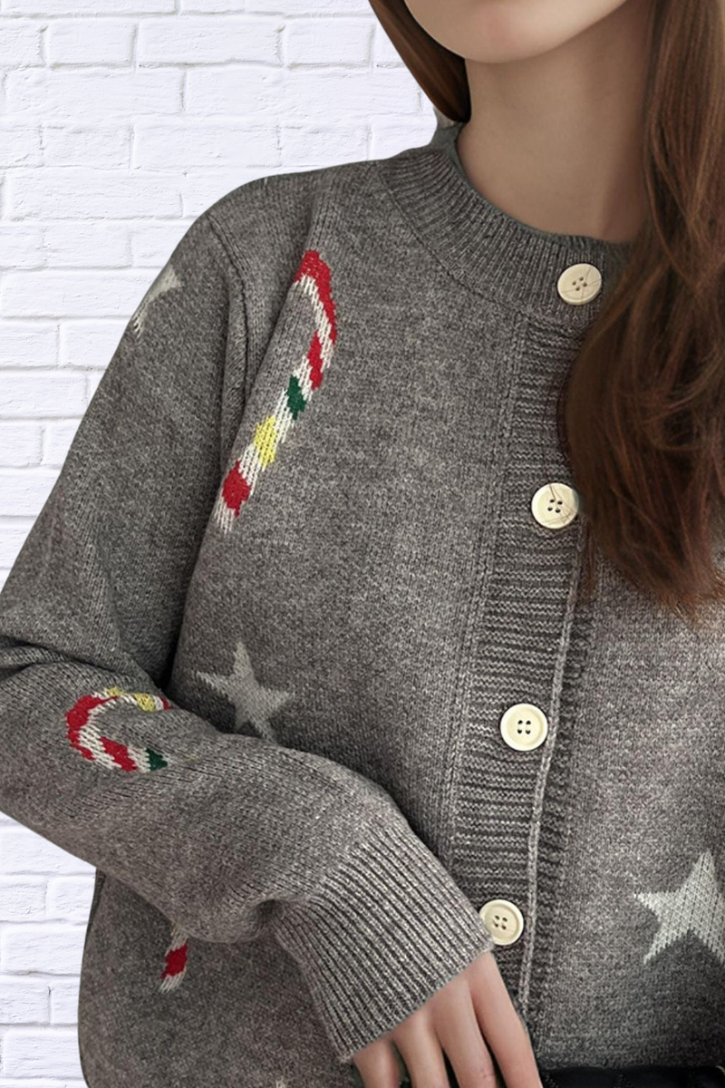 Candy Cane & Star Button Down Long Sleeve Cardigan