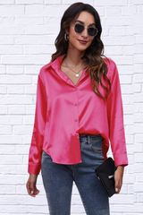 Button Up Collared Neck Long Sleeve Satin Shirt