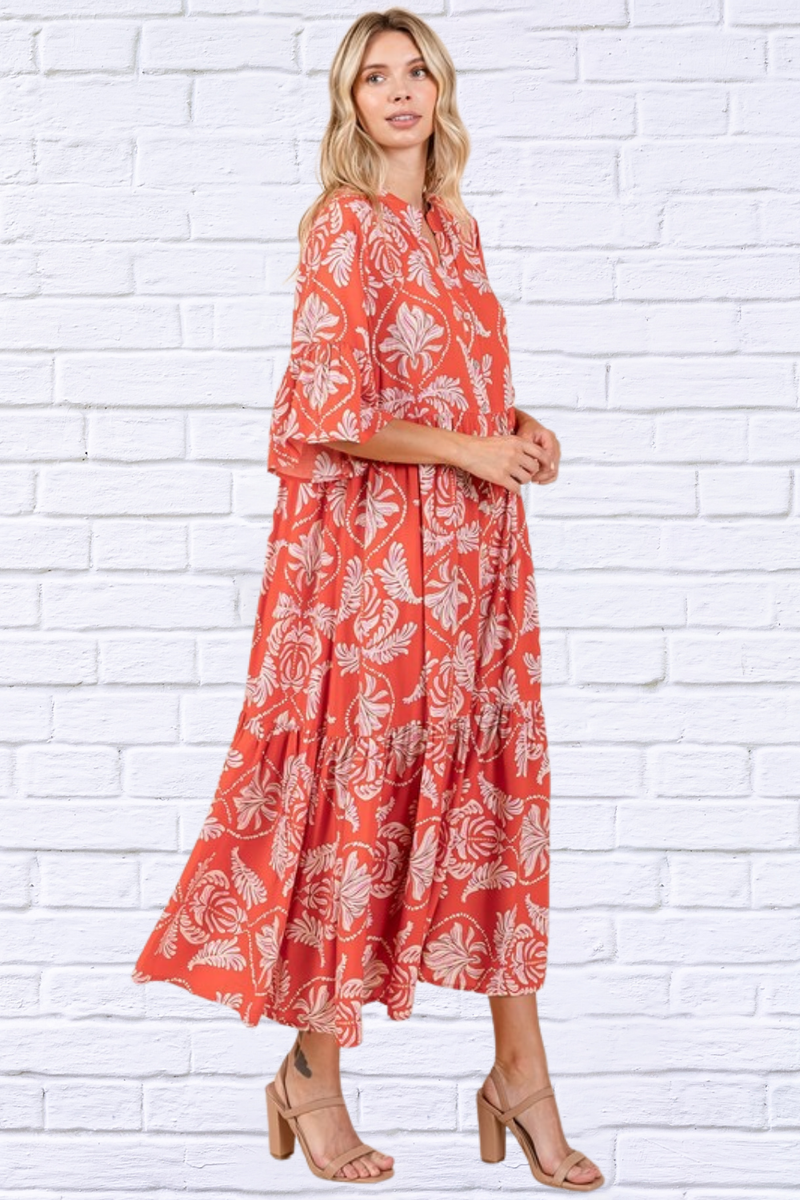 Abstract Orange-Red Leaf Print Tiered Ruffle Dress