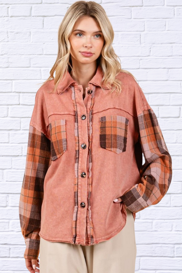 Button Down Terracotta Contrast Plaid Patchwork Shacket