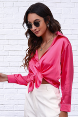 Button Up Collared Neck Long Sleeve Satin Shirt