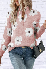 Flower Half Zip Long Sleeve Sweater