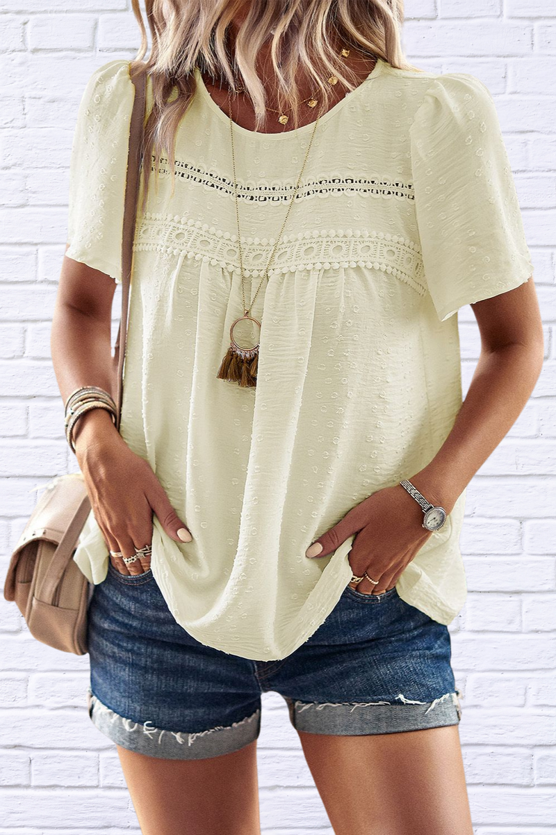 Lace Detail Round Neck Short Sleeve Blouse