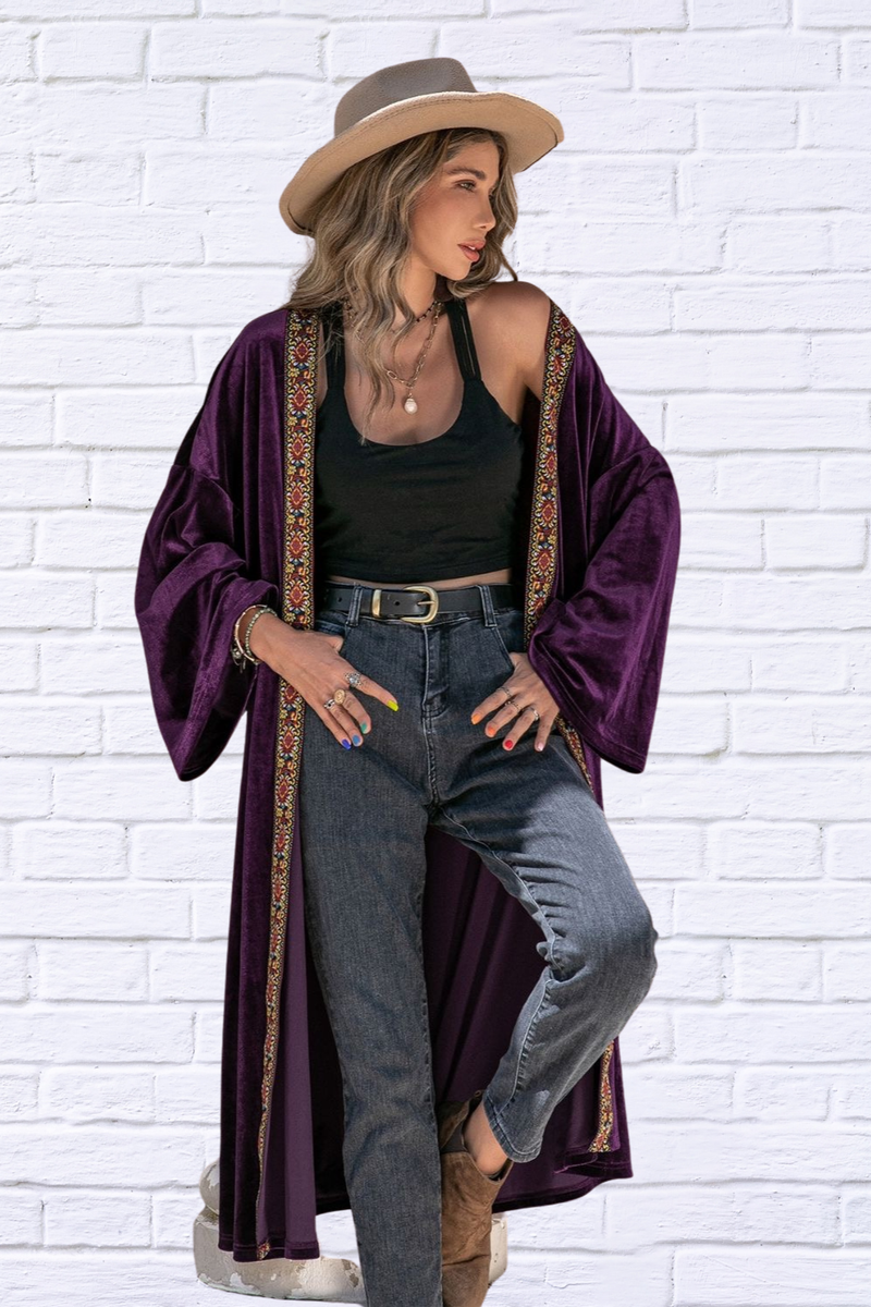 Plum Embroidered Open Front Long Sleeve Cardigan