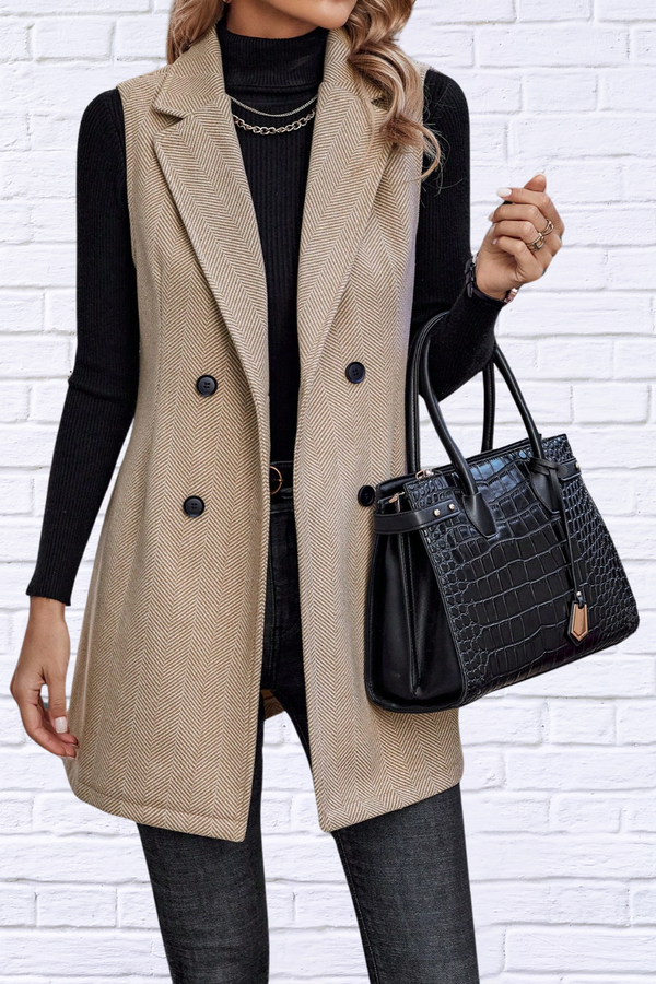 Buttoned Collared Neck Longline Vest Coat