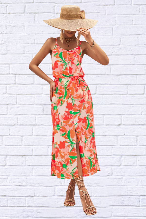 Printed Spaghetti Strap Front Slit Dress