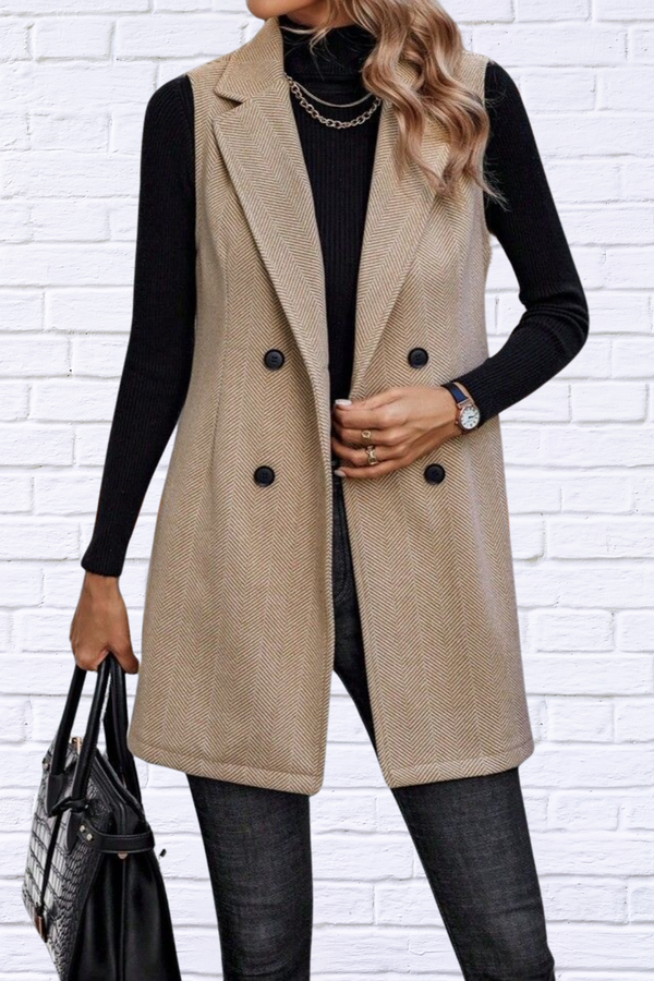 Buttoned Collared Neck Longline Vest Coat