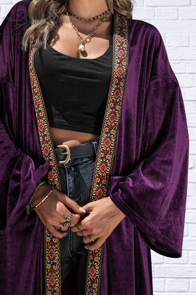 Plum Embroidered Open Front Long Sleeve Cardigan