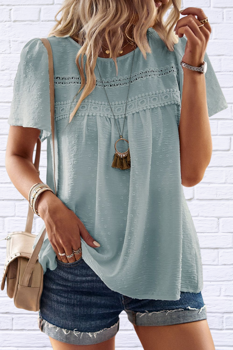 Lace Detail Round Neck Short Sleeve Blouse