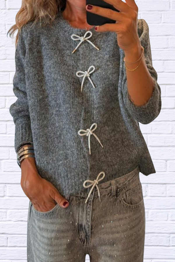 Bow Round Neck Long Sleeve Cardigan