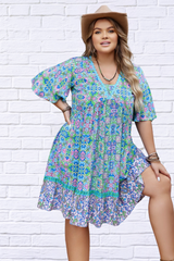 Plus Size Ruffled Hem Lace Detail Printed Half Sleeve Dress