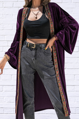 Plum Embroidered Open Front Long Sleeve Cardigan