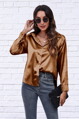 Button Up Collared Neck Long Sleeve Satin Shirt