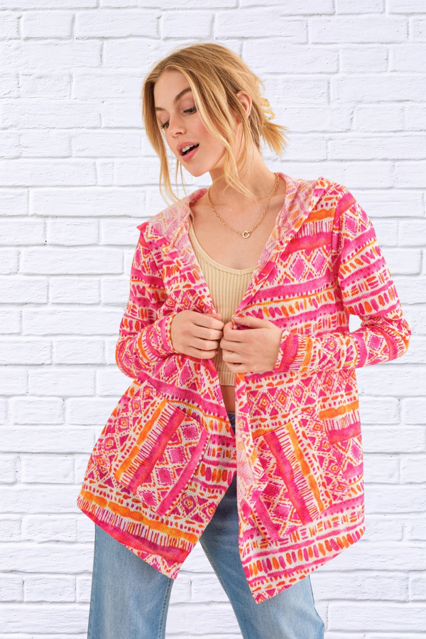 Full Size Printed Thermal Hooded Open Front Cardigan