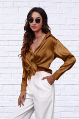 Button Up Collared Neck Long Sleeve Satin Shirt