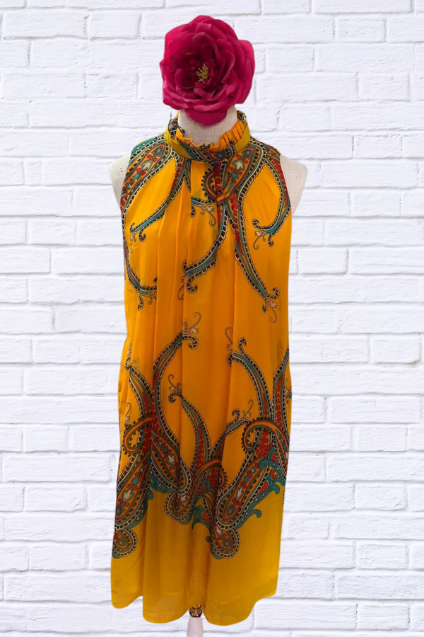 Bold Yellow With Paisley Print Chiffon High Neck-Line Frill Dress