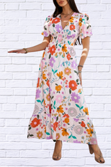 Smocked Printed V-Neck Short Sleeve Maxi Dress