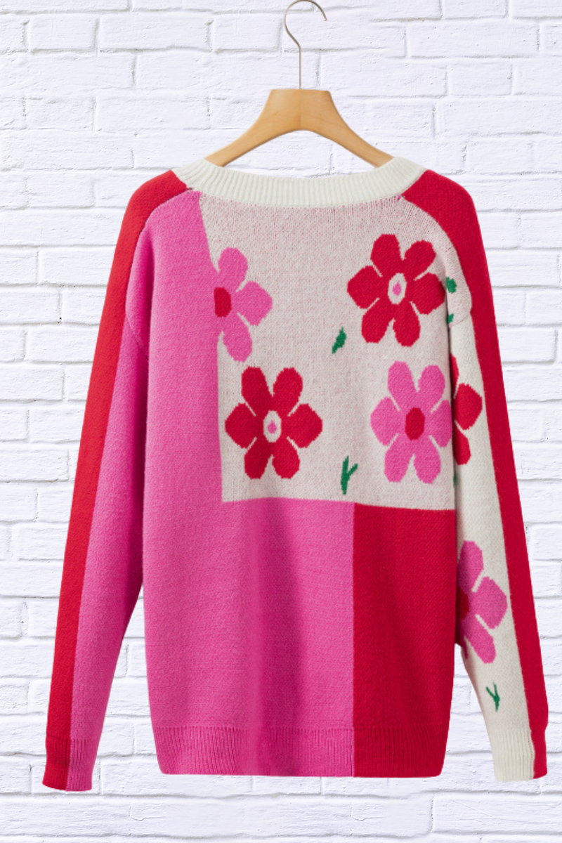 Flower Color Block Round Neck Sweater