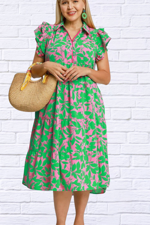 Full Size Floral Green and Pink Collared Ruffle Cap Sleeve Midi Dress Plus Size