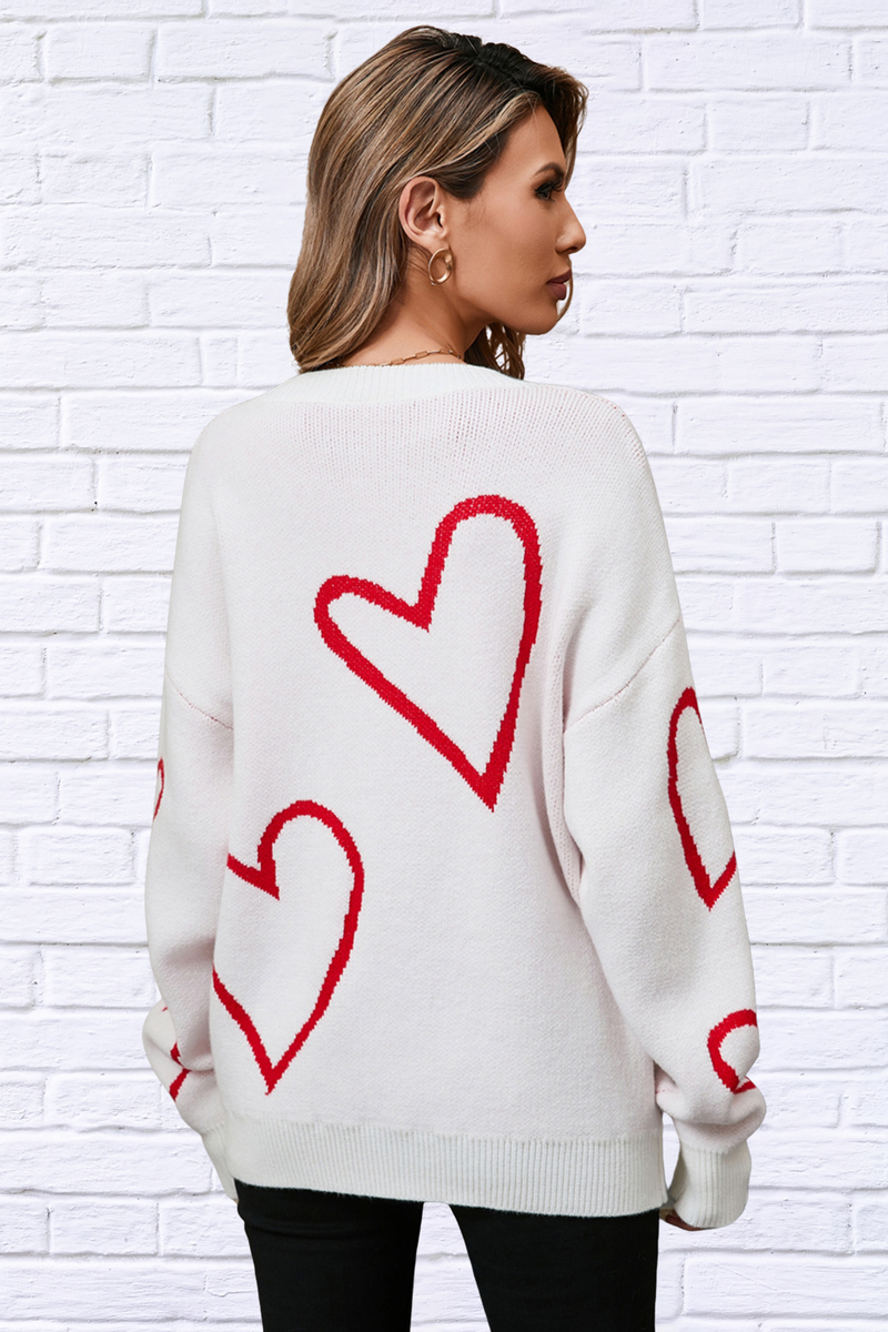 Heart Dropped Shoulder Long Sleeve Sweater