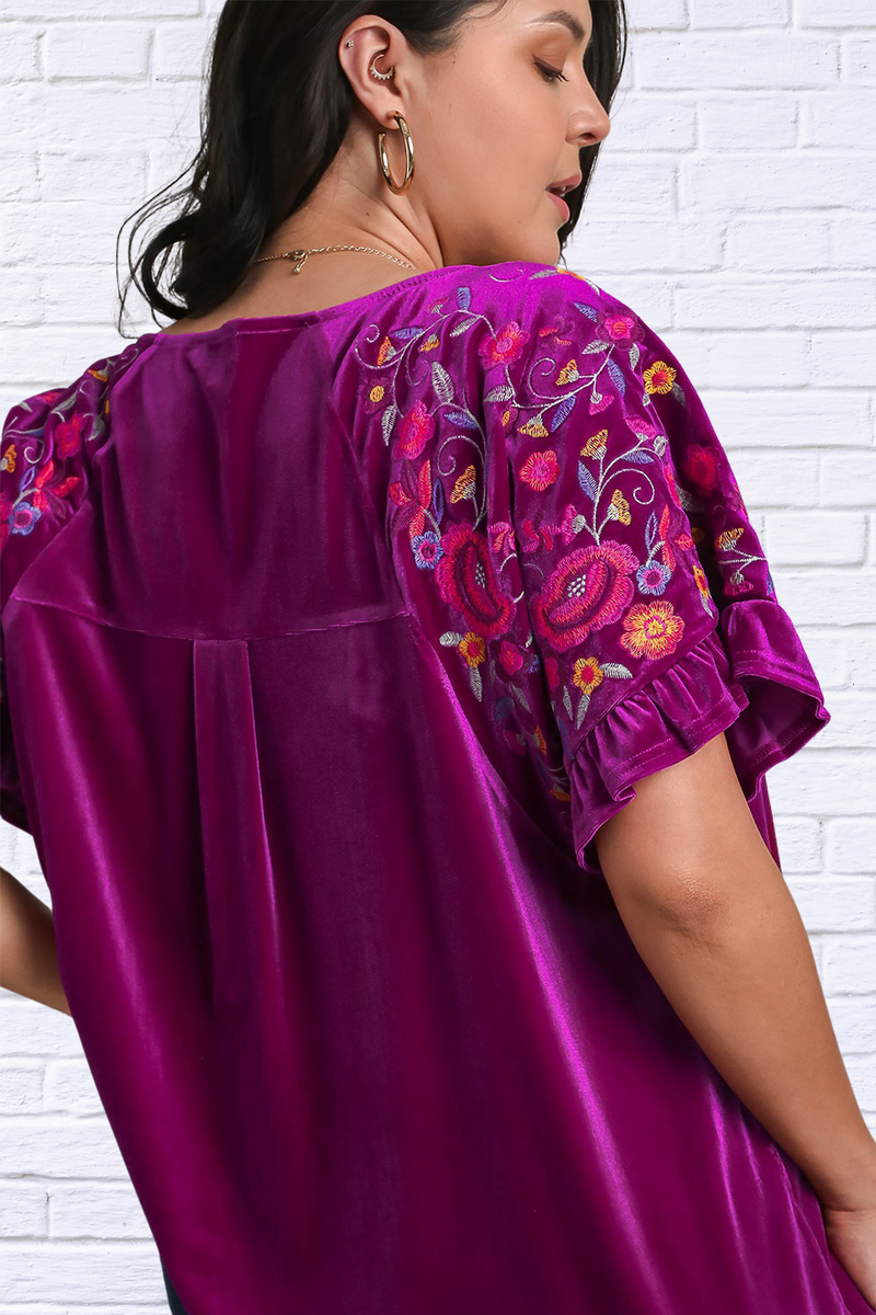 Full Size Velvet Embroidery Short Sleeve Blouse