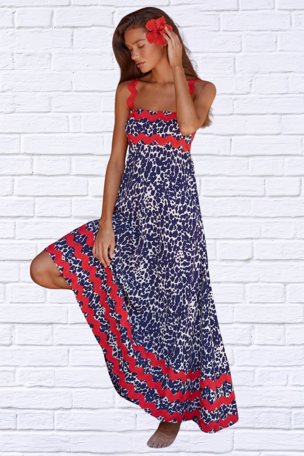 Printed Square Neck Wide Strap Maxi Dress