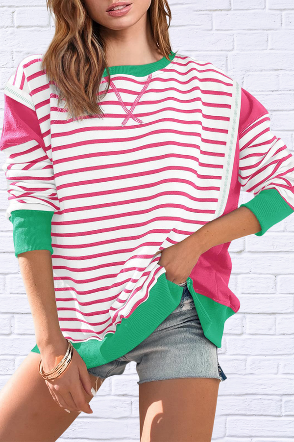 Slit Exposed Seam Striped Long Sleeve Sweatshirt