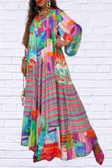 Loose V Neck Printed Long Sleeve Dress