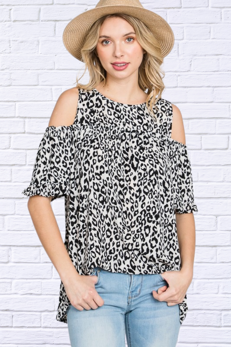 Full Size Leopard Round Neck Cold Shoulder T-Shirt Plus Size