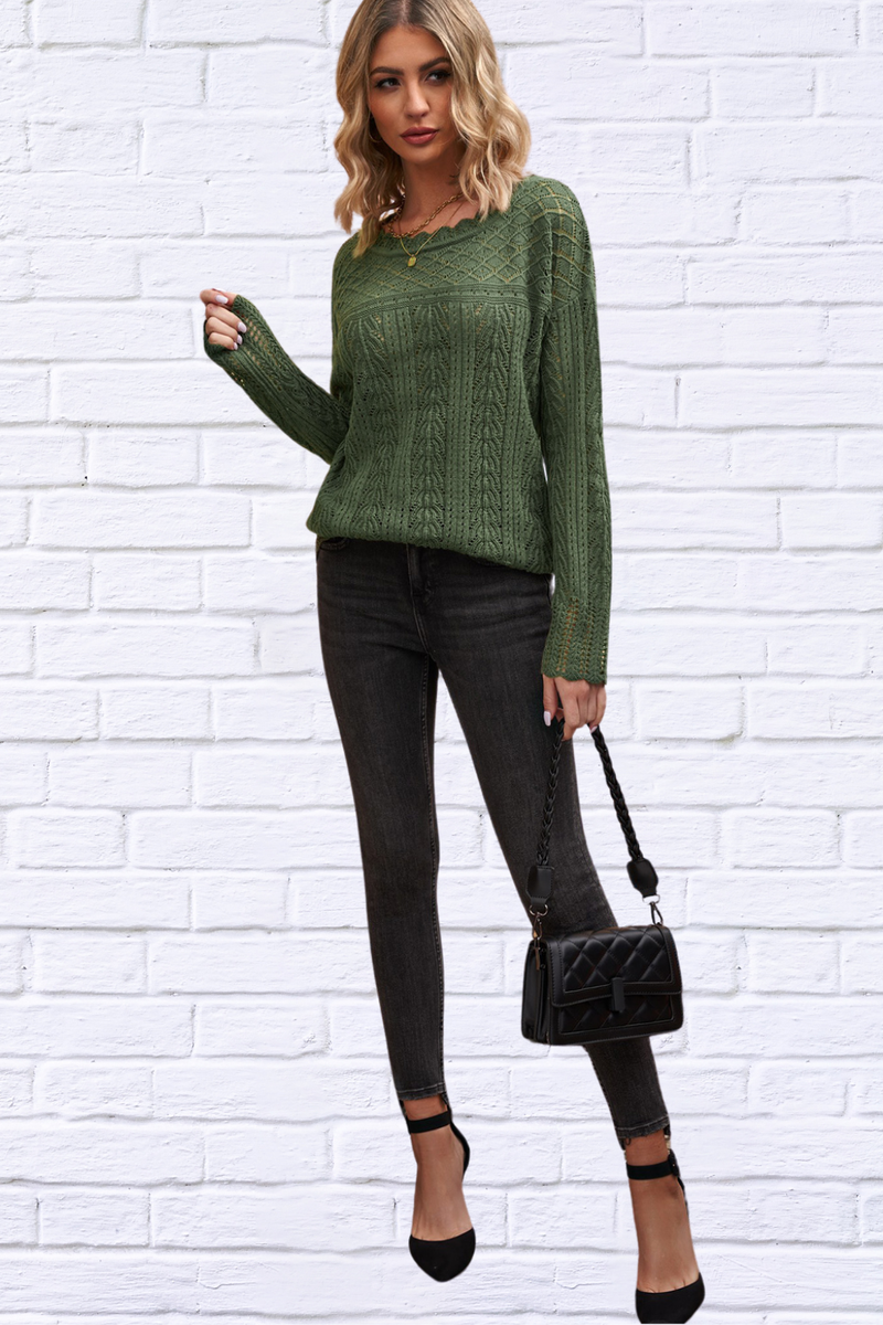 Openwork Round Neck Long Sleeve Knit Top