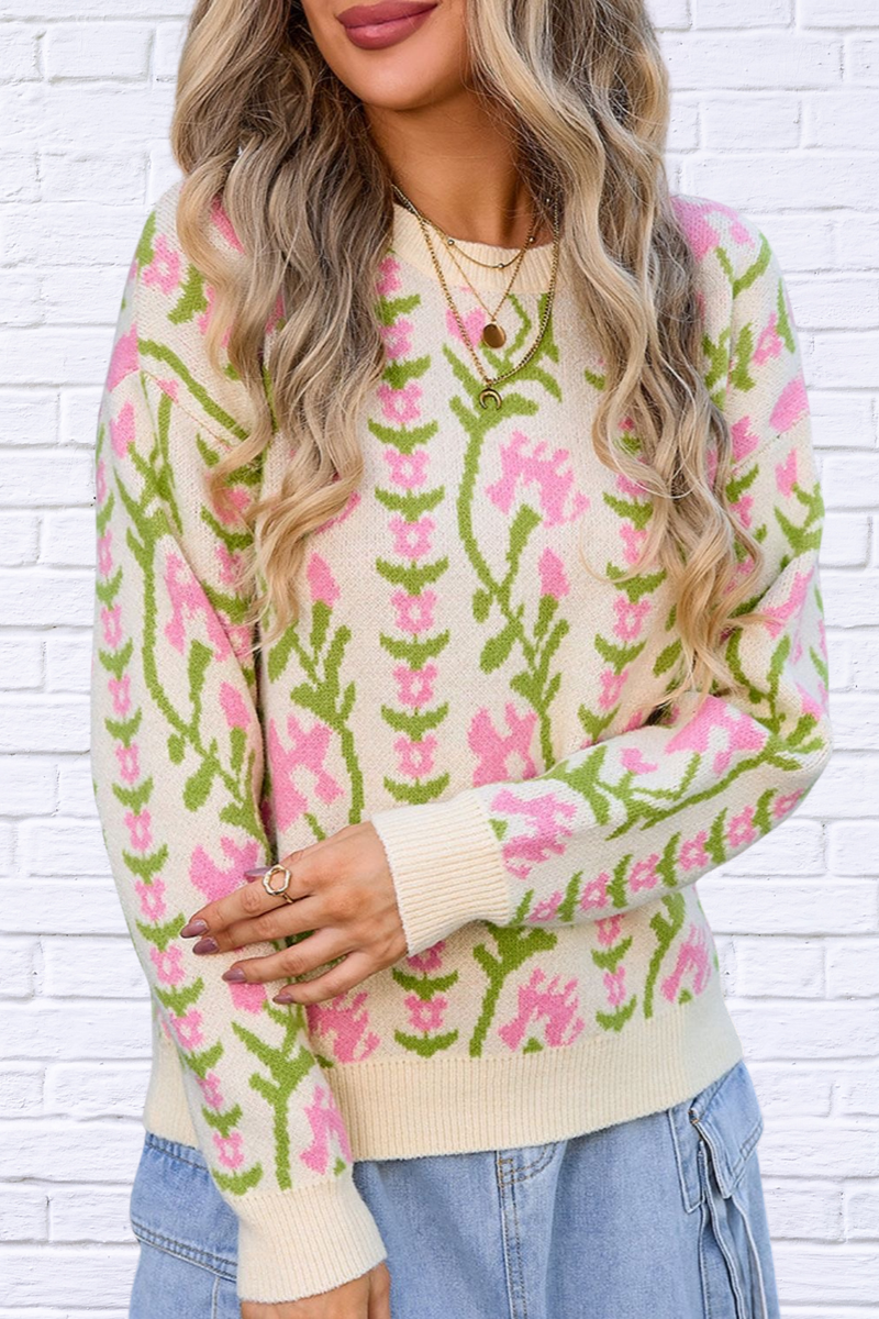 Delicate  Flower Round Neck Long Sleeve Sweater