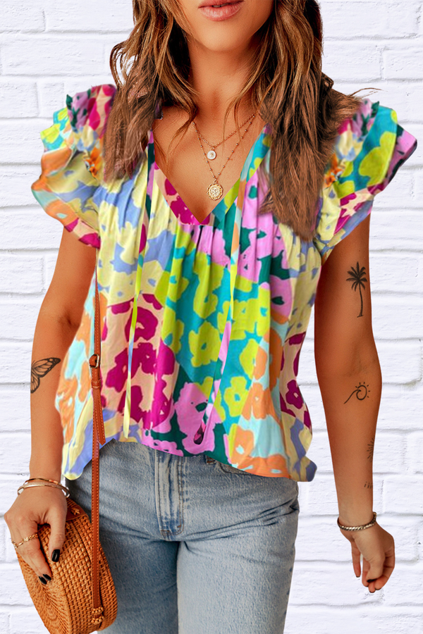 Ruffled Printed Tie Neck Cap Sleeve Blouse