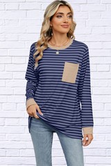 Pocketed Striped Round Neck Long Sleeve T-Shirt