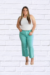 Island Green Crop Chloe Full Size Tummy Control High Waist Raw Hem Jeans