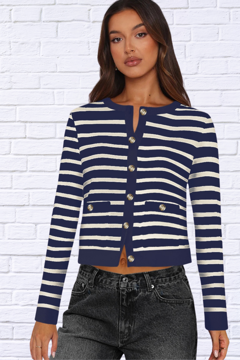 Striped Round Neck Button Up Long Sleeve Cardigan