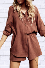 Texture Button Up Shirt and Shorts Set