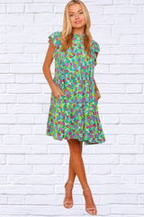 Frilled Mock Neck Ditsy Floral Dress