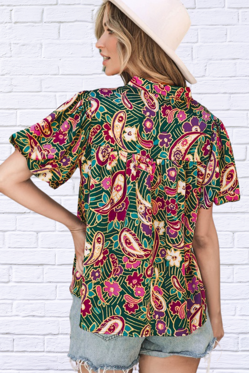 Green V Neck Short Bubble Sleeve Paisley Blouse