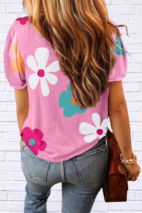 Flower Round Neck Short Sleeve Blouse