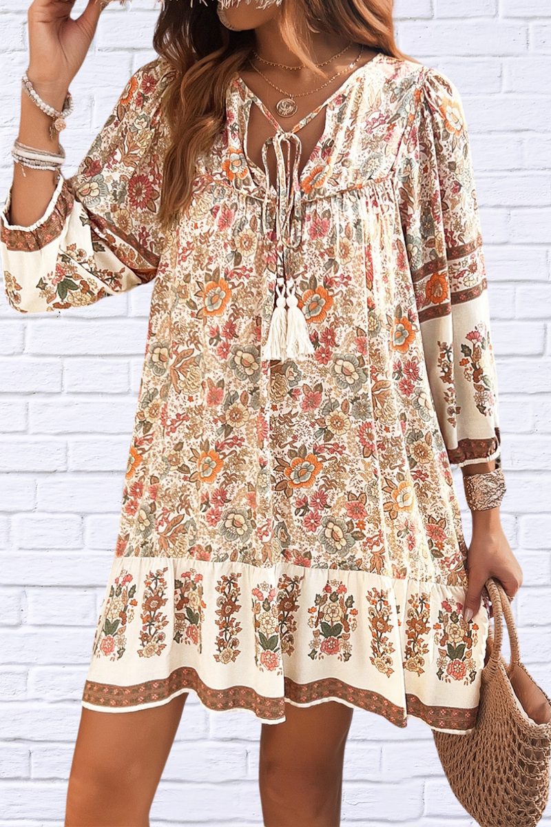 Devine Tassel Floral Tie Neck Mini Dress