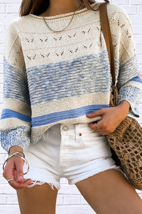 Blue And White Contrast Round Neck Long Sleeve Sweater