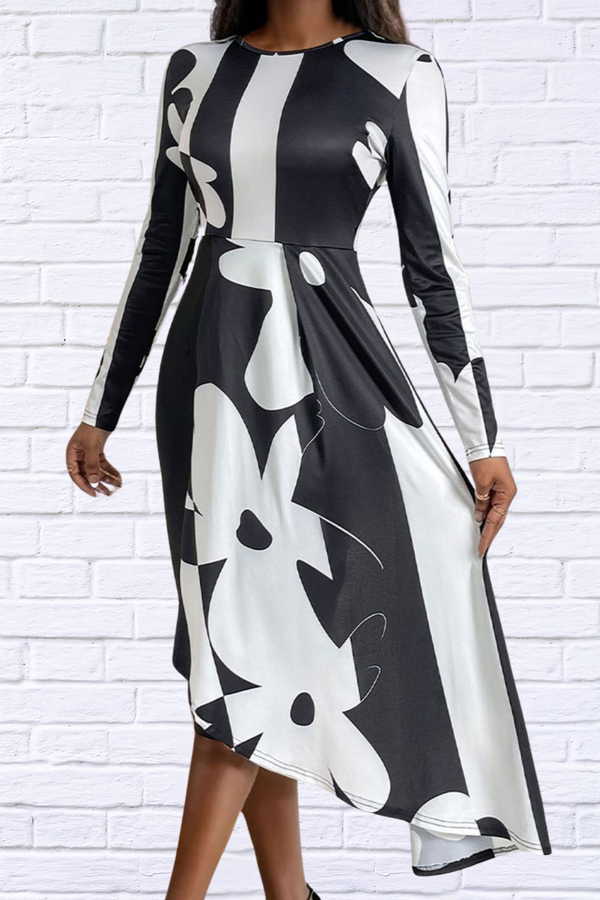 Asymmetrical Slit Round Neck Long Sleeve Midi Dress