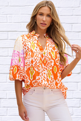 Tangerine Printed Notched Half Sleeve Blouse